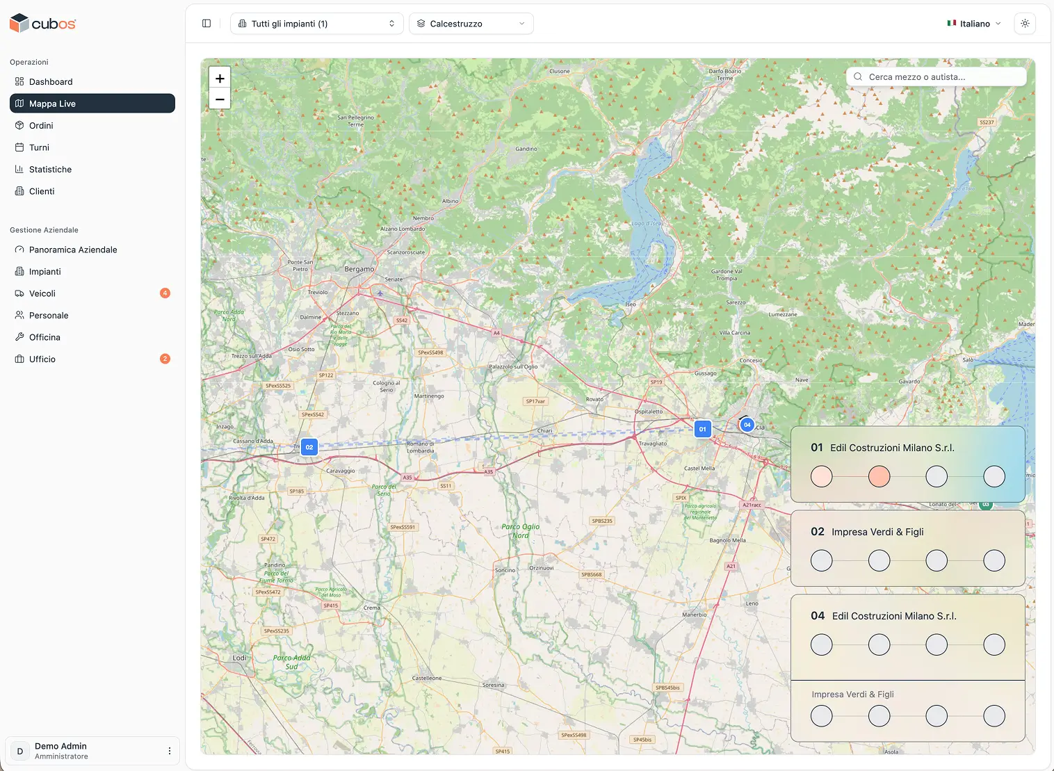 Dashboard Cubos con la mappa live e tre betoniere attive durante il turno